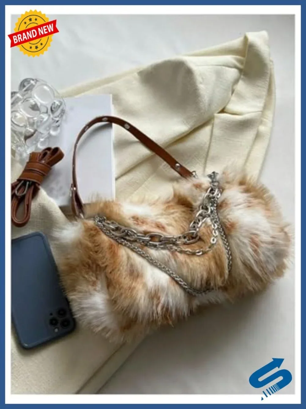 Faux Fur Top Handle Shoulder Bag Square Plush Purse Clutch
